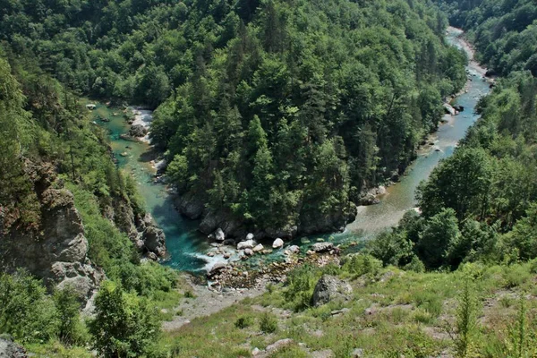 黑山塔拉河上的桥和连接峡谷两岸的桥 山坡上沿着大路流过山谷的一条干净的河的石子床 — 图库照片