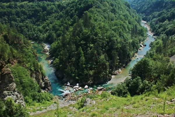 Karadağ 'daki Tara Nehri üzerindeki köprü ve kanyonun iki kıyısını birbirine bağlayan köprü. Temiz bir nehrin taştan yatağı vadinin içinden bir dağ yamacında yol boyunca akıyor..