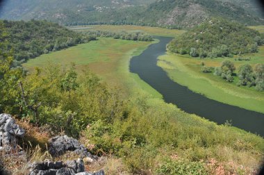 Karadağ 'daki Skadar Gölü' nün bir parçası olan Crnojevia Nehri. Nehrin güzel kıvrımları tepelerin arasından akan teknelerle turist gezileri..