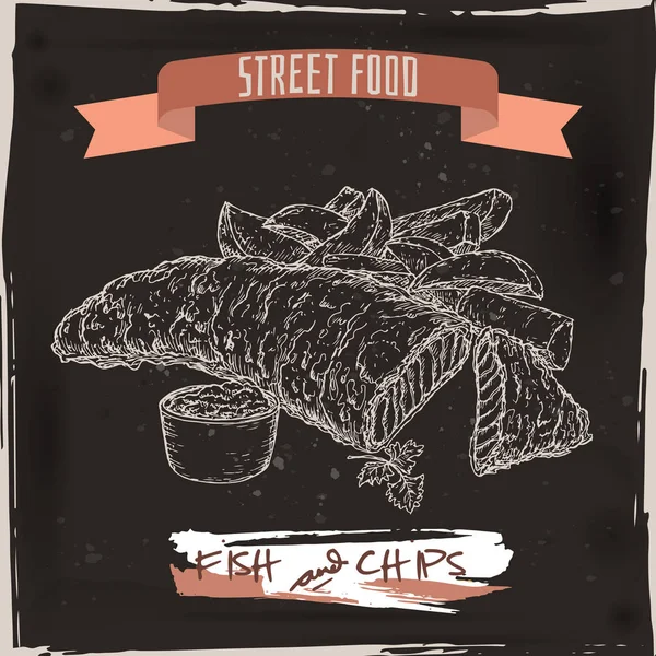 Esboço de peixe e batatas fritas em fundo grunge preto . —  Vetores de Stock