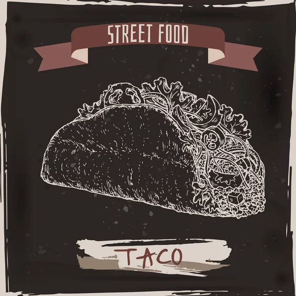 Taco σκίτσο σε φόντο μαύρο grunge. Μεξικάνικη κουζίνα. — Διανυσματικό Αρχείο