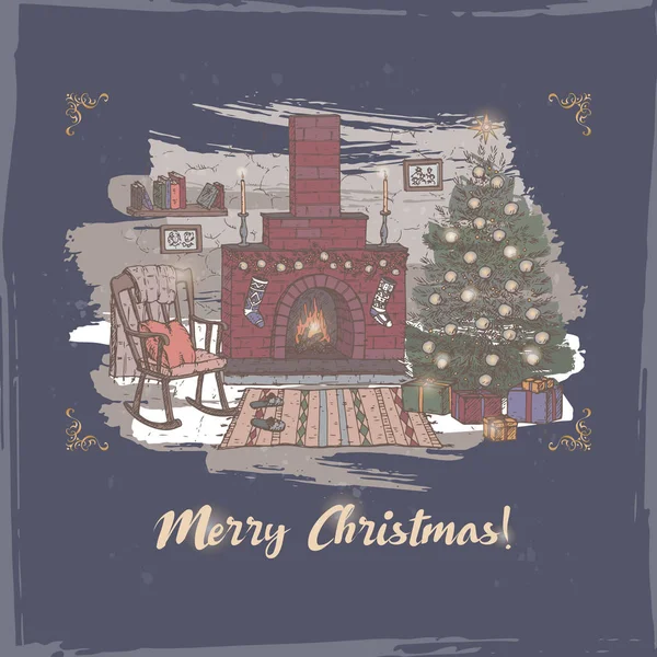 Tarjeta de Navidad con sala de estar a color y chimenea en azul . — Vector de stock