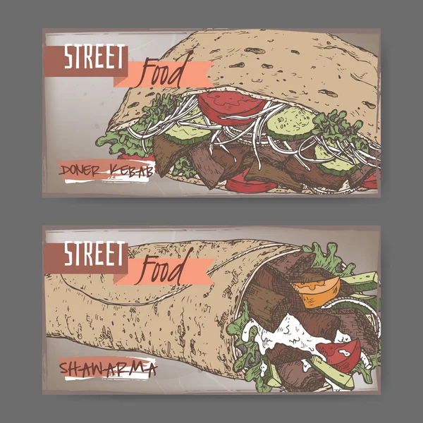 Bandeiras de paisagem de duas cores com kebab doador e shawarma . —  Vetores de Stock