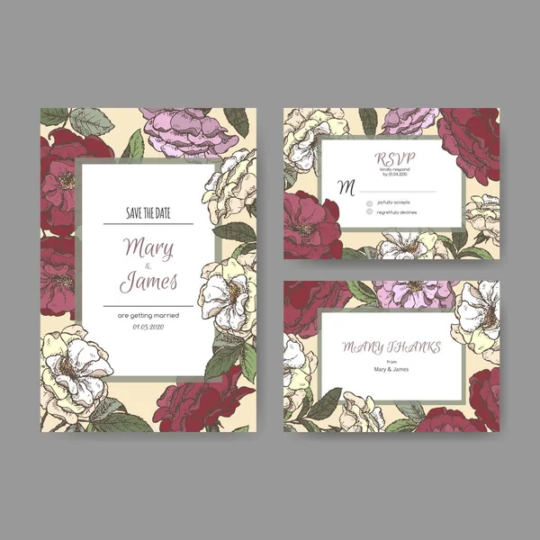Tarjetas de boda atractivas originales basadas en el boceto rosa damasco . — Vector de stock