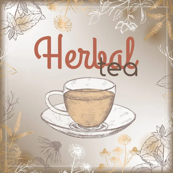 Etiqueta de té de hierbas vintage con hierbas medicinales y taza — Vector de stock