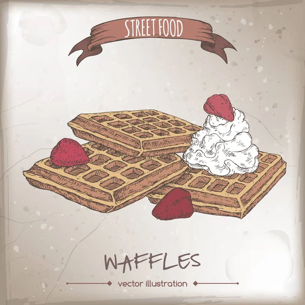 Waffles belgas com creme e morangos esboço de cor — Vetor de Stock