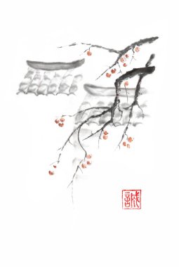 Mürekkep boyama Japon tarzı sumi-e çatılar ve elma.