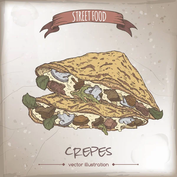 Crepes com carne, queijo e cogumelos esboço de cor — Vetor de Stock