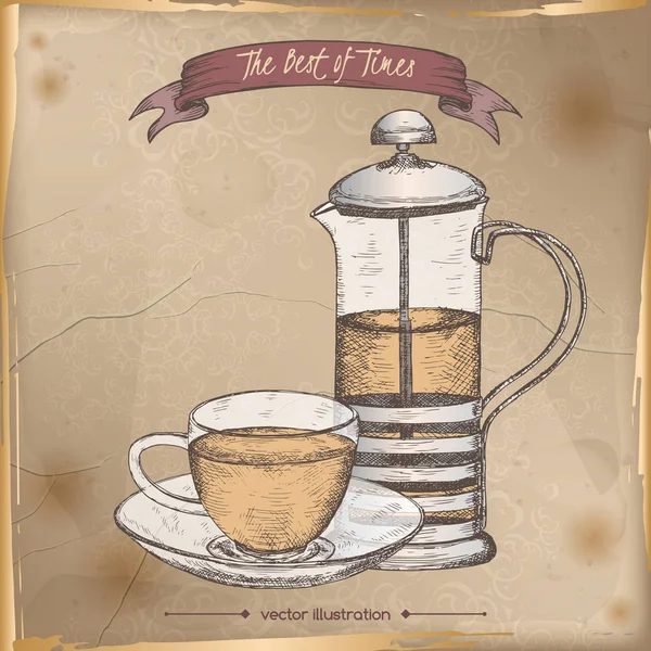 Кольоровий чайний прес і ескіз чашки, розміщені на старовинному фоні . — стоковий вектор