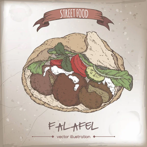 Falafel in Pitafarbenskizze auf Grunge-Hintergrund. — Stockvektor