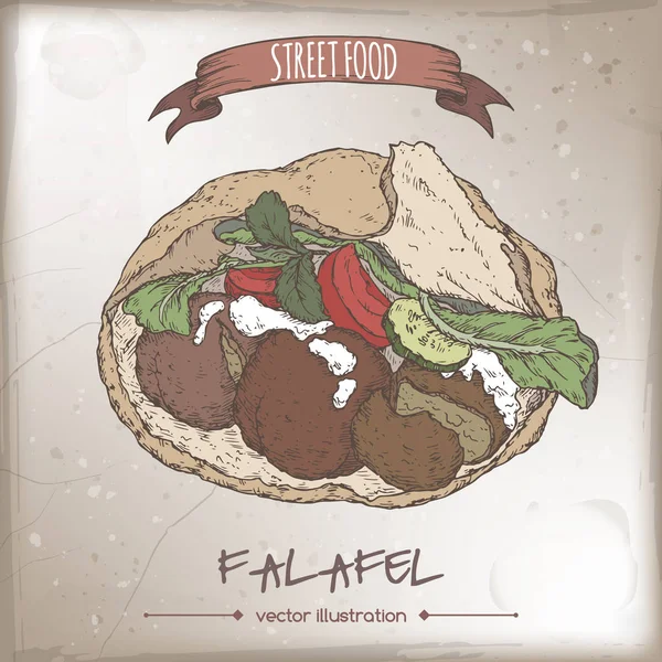 Falafel i pitabröd färg skiss på grunge bakgrund. — Stock vektor