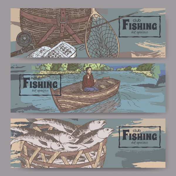 Três banners de paisagem de cores com esboços relacionados à pesca . —  Vetores de Stock