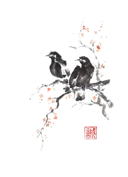 Japanese style sumi-e two crows on blooming tree painting. — Stock Photo, Image