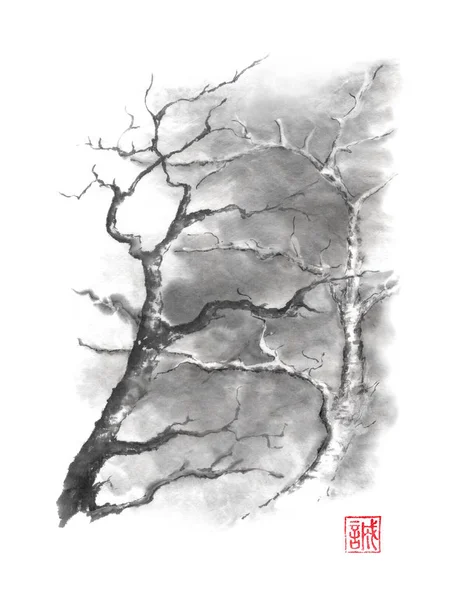 Pittura a inchiostro sumi-e originale in stile giapponese su due alberi . — Foto Stock