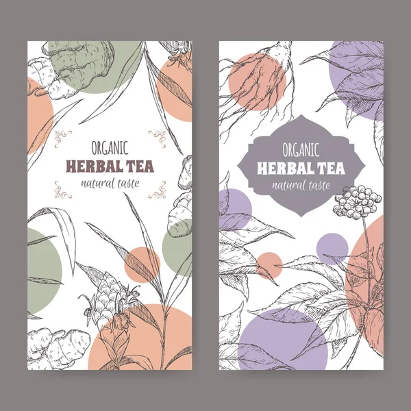 Два векторні трав'яні чайні етикетки з імбиром та ескізом женьшеню . — стоковий вектор