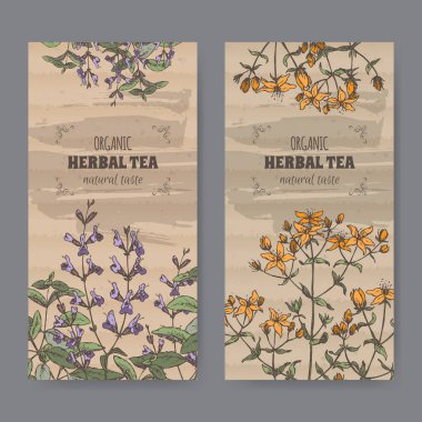 Adaçayı ve Saint John wort için iki renk vintage etiket.