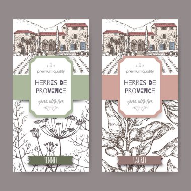 Two labels with Provence cottage, fennel and laurel sketch. clipart