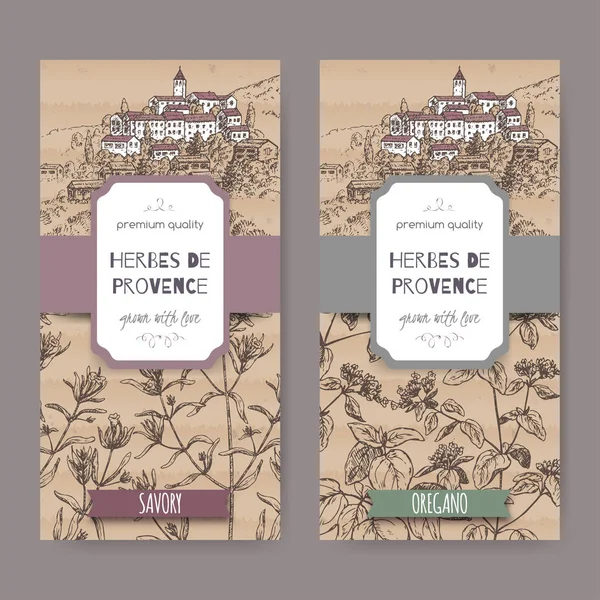 Twee Herbes de Provence labels met de stad, bonenkruid en oregano. — Stockvector