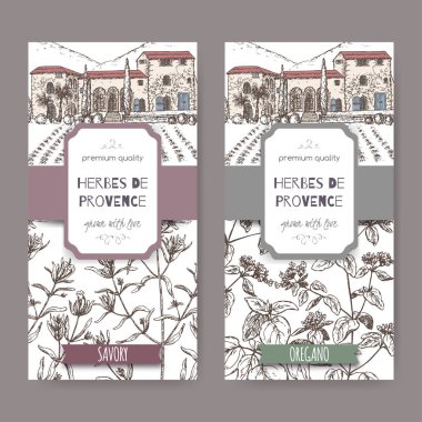 Two Herbes de Provence labels with cottage, savory and oregano. clipart