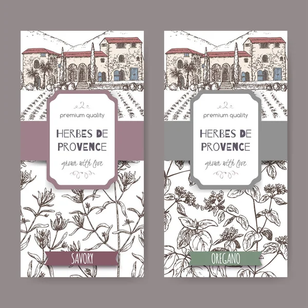 Dos etiquetas Herbes de Provence con casa de campo, salados y orégano . — Archivo Imágenes Vectoriales