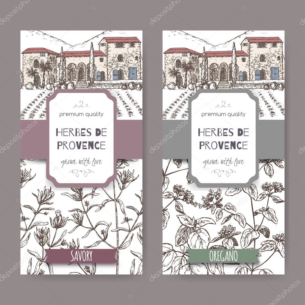 Two Herbes de Provence labels with cottage, savory and oregano.
