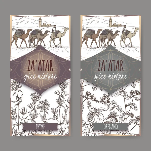 Deux étiquettes d'épices Zaatar avec chameaux, thym et croquis d'origan . — Image vectorielle