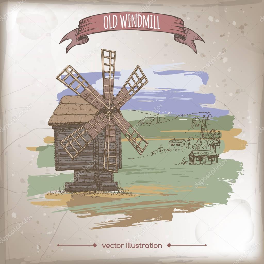 Wooden windmill and hill landscape color hand drawn vector sketch.