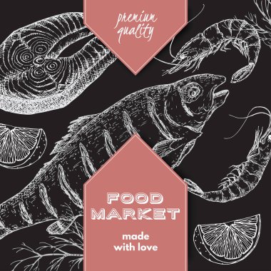 Gıda pazarı etiketi ile ızgara balık, Balık biftek ve karides.