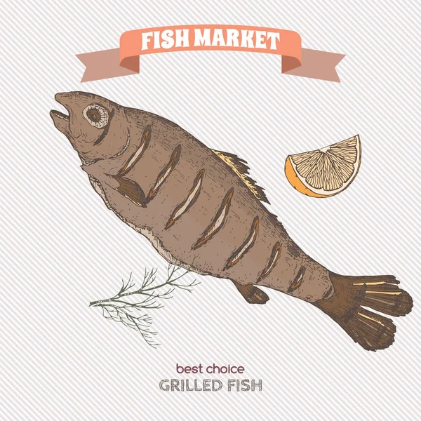 Barevné grilované ryby ručně tažené skica — Stockový vektor