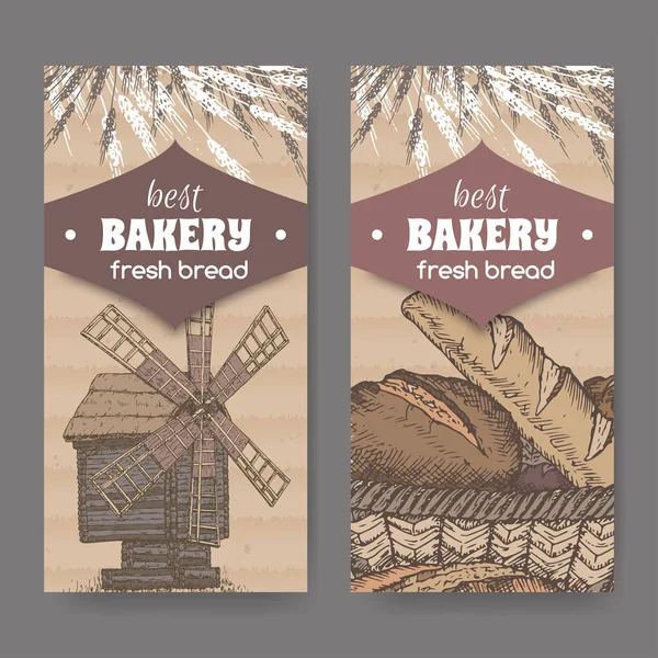 Plantillas de etiquetas de panadería de dos colores con molino de viento de madera, trigo y pan sobre fondo de cartón — Vector de stock