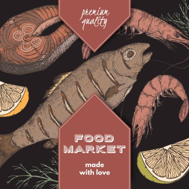 Renk gıda pazarı etiketi ile ızgara balık, Balık biftek ve karides.