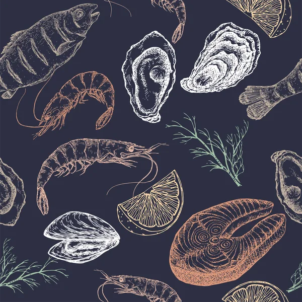 Hand drawn seafood vector seamless pattern on blue — Stock Vector