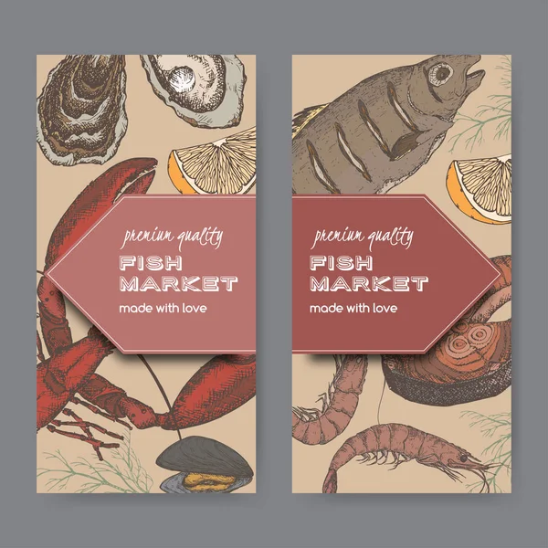 Dvě barevné ryby na trh šablony štítků s ryby, humři, mořské plody. — Stockový vektor