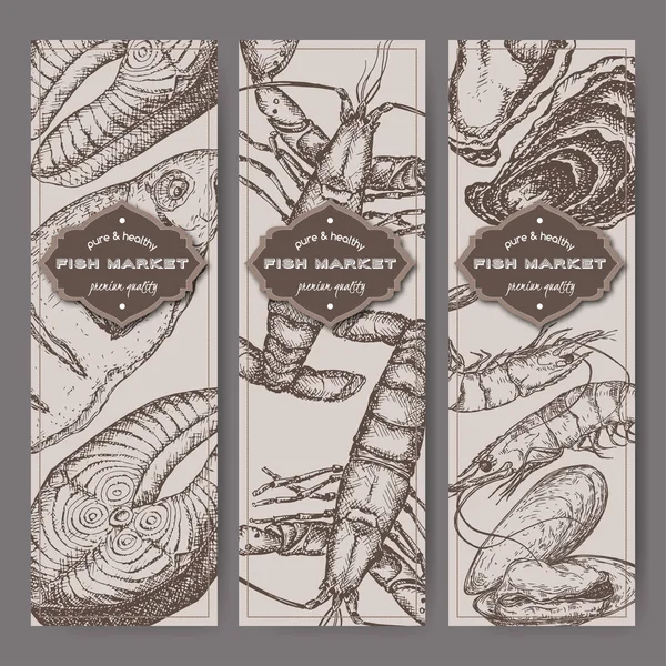 Drie verticale banners met vis, garnalen, kreeft, oesters vintage schetsen. — Stockvector