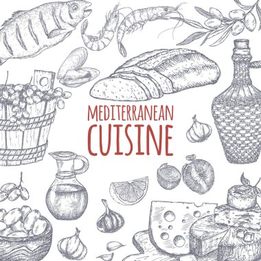 Akdeniz mutfağı şablonu. ekmek, asma, peynir, zeytin, deniz ürünleri ile.