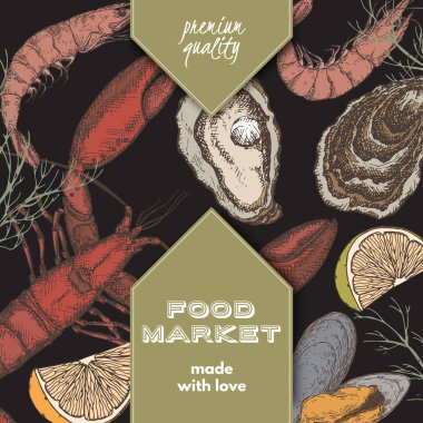 Istakoz, istiridye ve mytilus renk gıda pazarı şablonuyla.