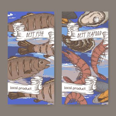 İki abel şablonları ile balık, deniz ürünleri renk ıstakoz, karides mavi.