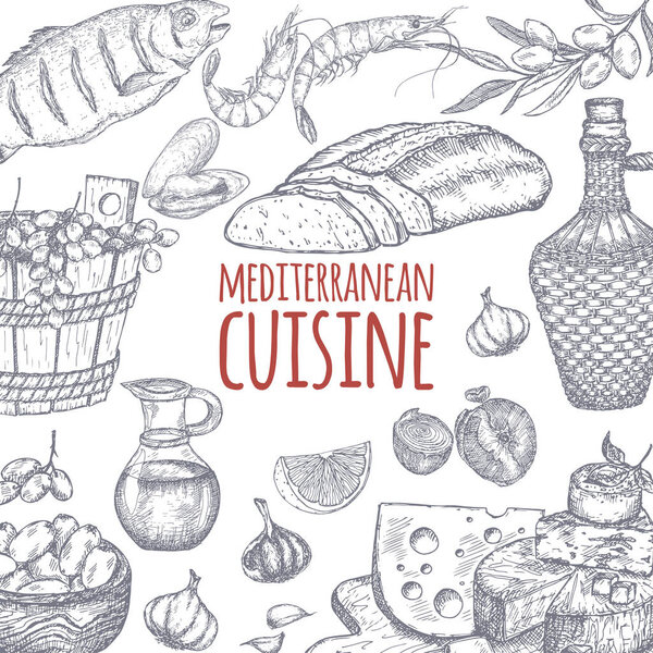 Mediterranean cuisine template. with bread, vine, cheese, olives, seafood.