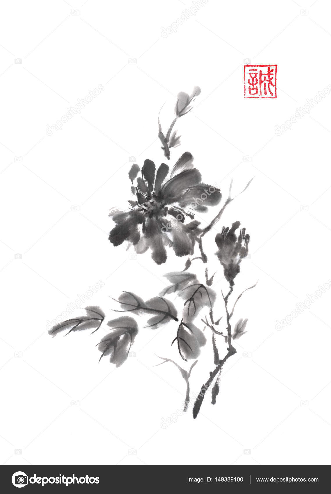 Japanese style original sumie chrysanthemum branch ink painting