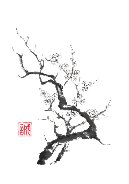 Japanischer Stil Sumi-e blühende Pflaumenbaum Tuschmalerei. — Stockfoto