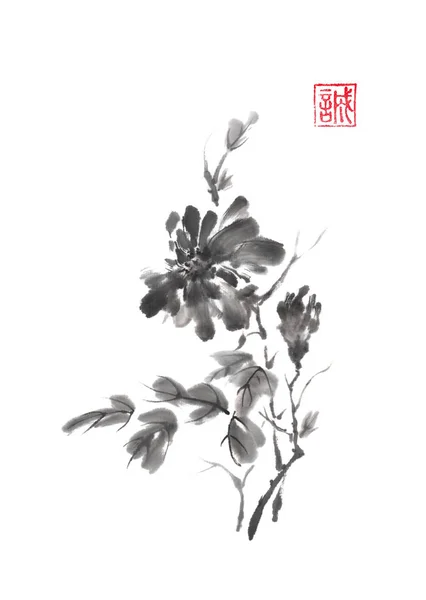 Pittura originale in stile giapponese sumi-e crisantemo ramo inchiostro . — Foto Stock