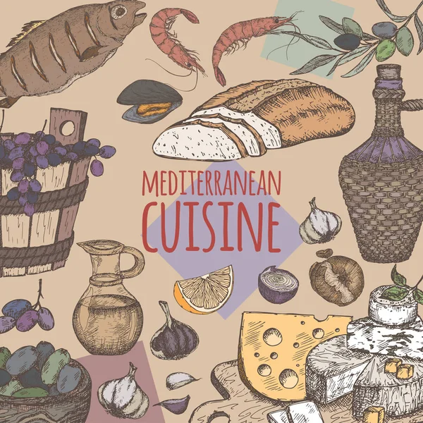 Colore modello di cucina mediterranea. con pane, vite, formaggio, olive, frutti di mare . — Vettoriale Stock