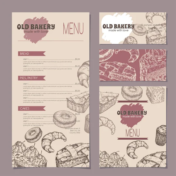 Vorlagen für Bäckereigeschäfte mit Speisekarte, Visitenkarten und Reservierungskarte — Stockvektor