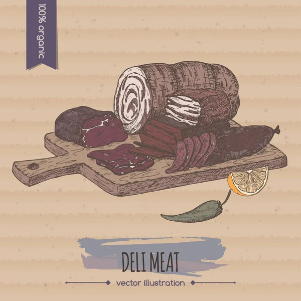 Plantilla de plato de carnes delicatessen vintage de color colocada sobre fondo de cartón . — Vector de stock