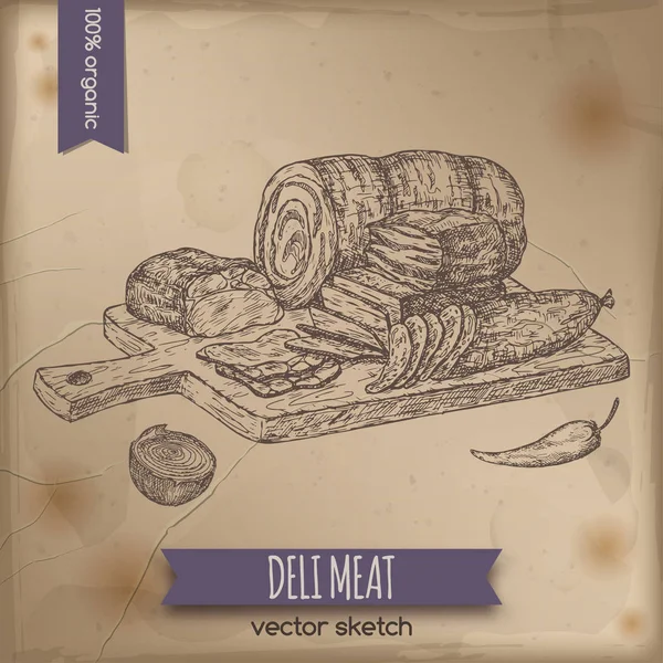 Plantilla de plato de carnes delicatessen vintage colocada sobre fondo de papel viejo . — Archivo Imágenes Vectoriales