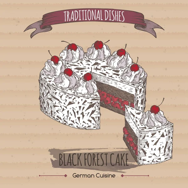 Vintage bozzetto torta foresta nera su vecchio sfondo di carta . — Vettoriale Stock