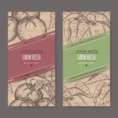 Taze domates ve biber karton doku ile iki etiket kümesi.