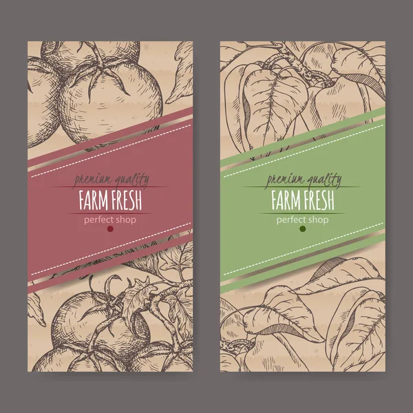 Set de dos etiquetas con tomates frescos y pimientos sobre textura de cartón . — Archivo Imágenes Vectoriales