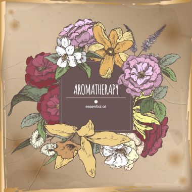 Romantik Merkezi çerçeve şablonu aromatik bitkiler ile kroki üzerinde vintage backgruond.