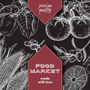 Gıda pazarı etiket şablon el çizilmiş kroki meyve ve sebze ile.